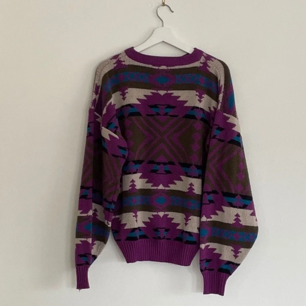 Vintage 1990s Southwestern Geometric Knit Sweater Purple Mens Large Western
